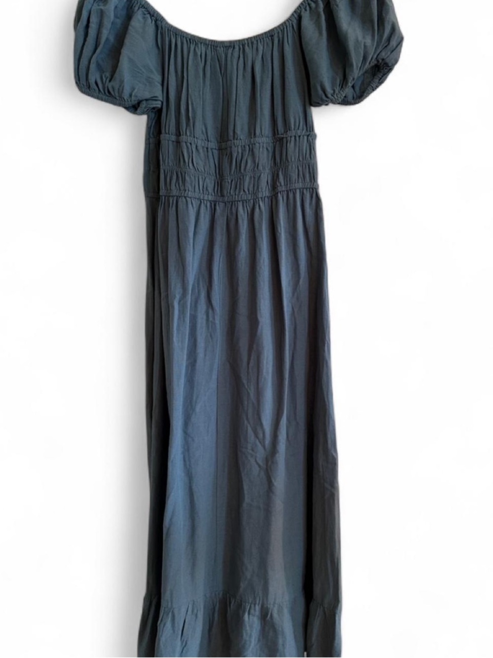 Sim & Sam Blue Linen Blend Puff Sleeve Midi Dress Cottagecore Coastal M - Picture 2 of 7